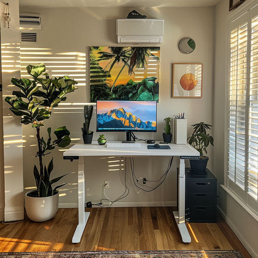 Bright home office with standing desk and large monitor