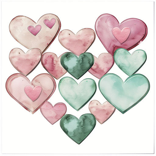 Pink hearts on white background, soft and dreamy style