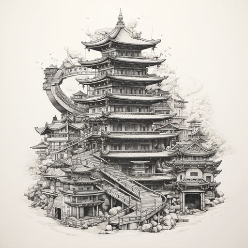 Ephemeral Japanese tattoo: detailed architectural sketches