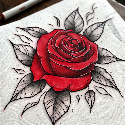 Classic tattoo sketch of a red rose with bold outlines and deep red shades