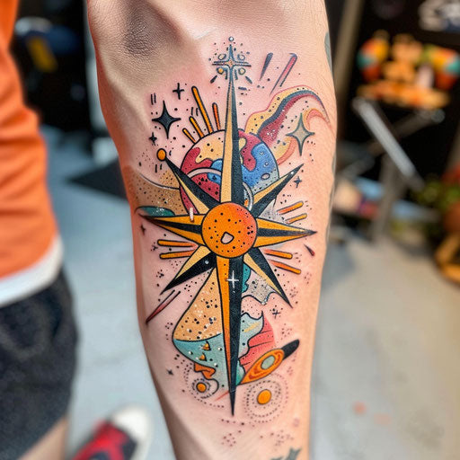 Surreal flat tattoo sketch of the North Star with cosmic and space-themed elements in bright colors