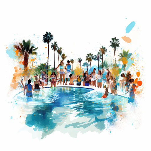 Pool party illustration in the style of Impressionistic Art, on white background