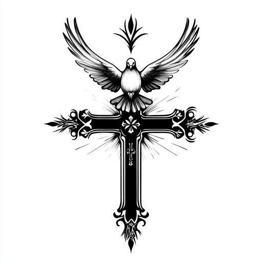 Religious tattoo sketch for men with flying dove above cross