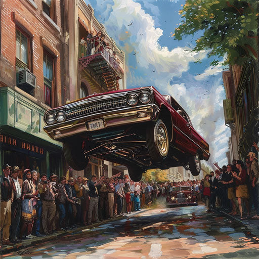 Classic lowrider bouncing on historic street