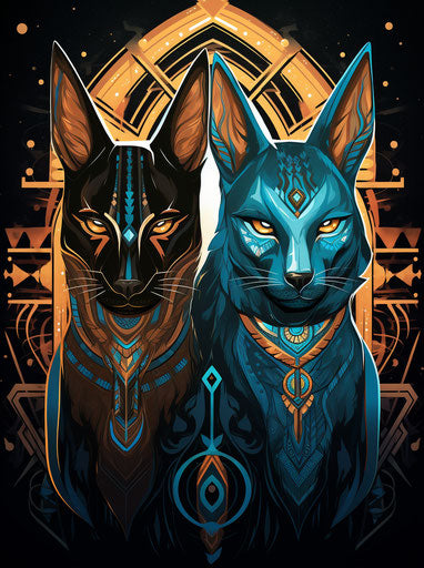 Celestial Egyptian animals in art deco and tattoo style