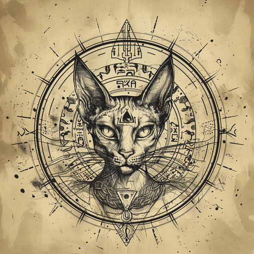 Intricate flat tattoo sketch with Bastet surrounded by hieroglyphic patterns