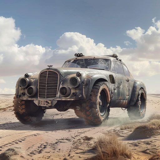 Post-apocalyptic Bentley navigating a wasteland