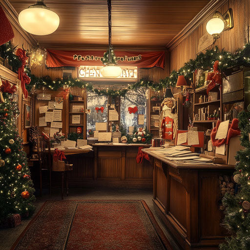 Traditional post office at Christmas with letters to Santa and festive decorations