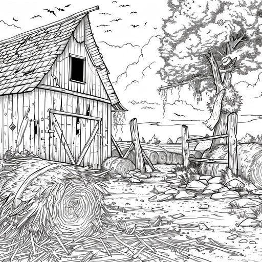 Old barn with scarecrow and bales of hay