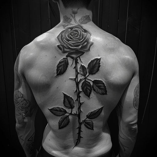 Rose tattoos for men in the style of David Palumbo with a dark, fantasy twist