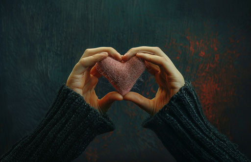 Hands with pink heart forming a kiss symbol