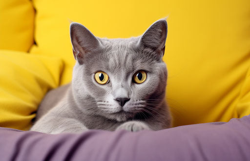 Gray cat on yellow pillow, yellow eyes, light purple and light brown style, exaggerated facial features 17:11
