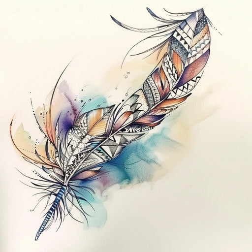 Sketch of Native American feather tattoo design with intricate patterns and soft pastel colors on white canvas