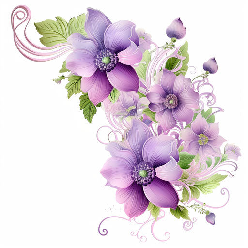 Clipart flowers, transparent background, light purple and green