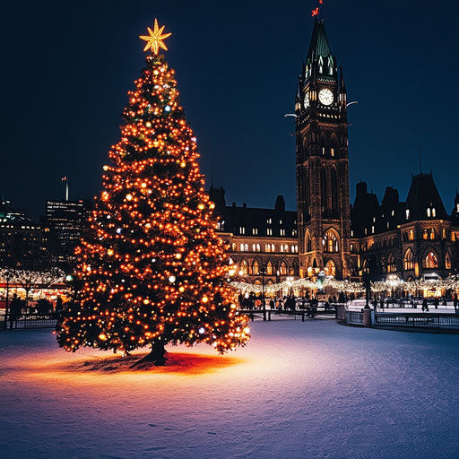 Glowing Christmas tree in snowy city square