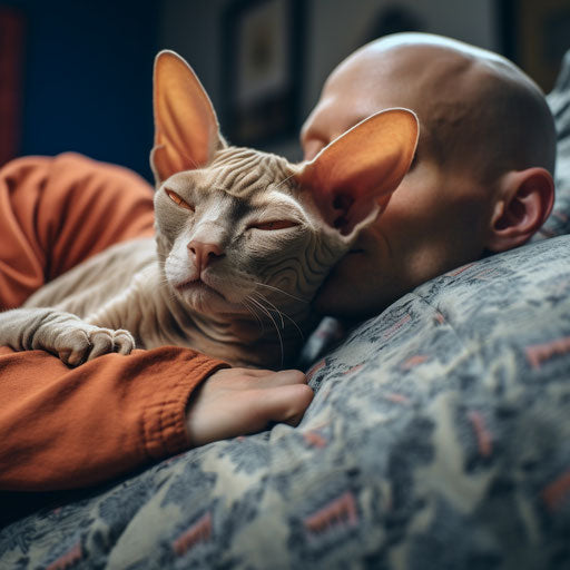 Devon Rex cat sleeping on a couch with its owner