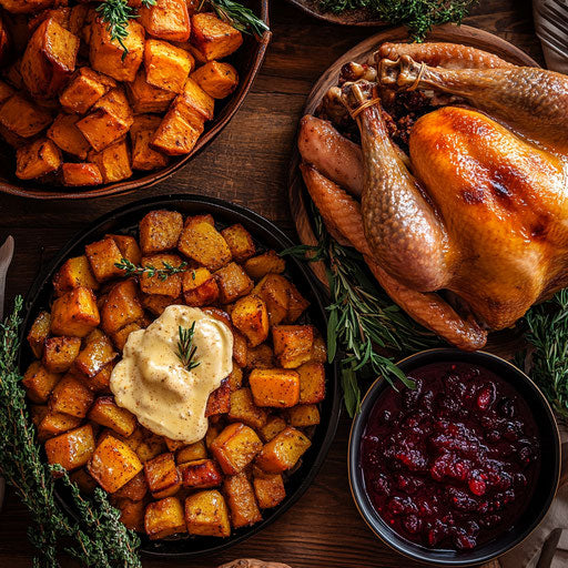 Thanksgiving Feast: Sweet Potatoes, Turkey, Cranberry Sauce
