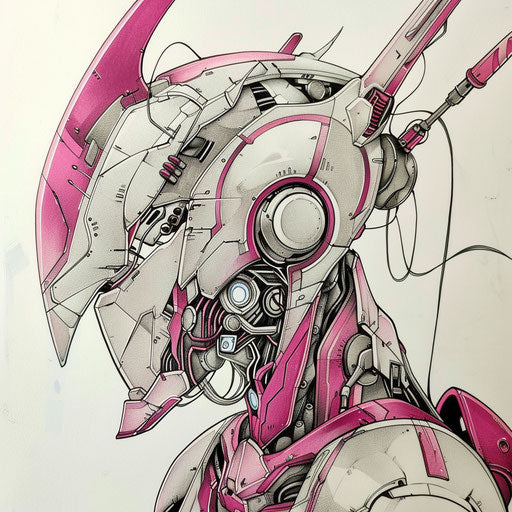 Pink and silver robot tattooed in futuristic style