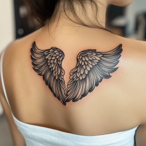 Female shoulder tattoos with dark angel wings