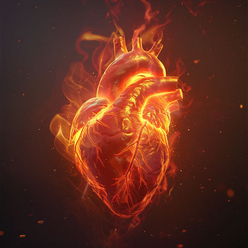 A heart ablaze among flames, in emotionally complex, vibrant cartoonish style, light red and light gold
