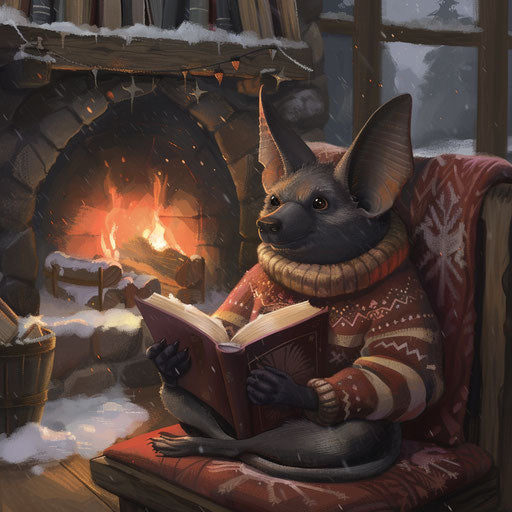 Bat in cozy sweater, reading by fireplace in snowy cabin