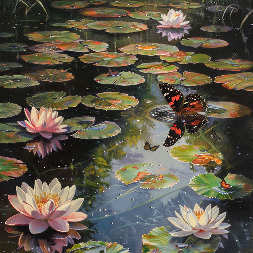 Red butterfly hovering over the serene pond