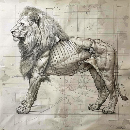 Detailed anatomical study of a lion, showcasing its muscular structure