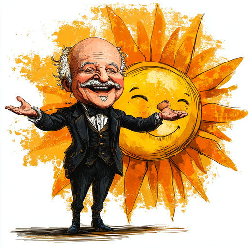 Humorous caricature of an Ignaz Semmelweis caricature clipart with human characteristics, exaggerated smiling mouth, big hands, next to a smiling sun, vibrant colors, cartoon style, smiling, high-resolution, no background, isolated –c 40
