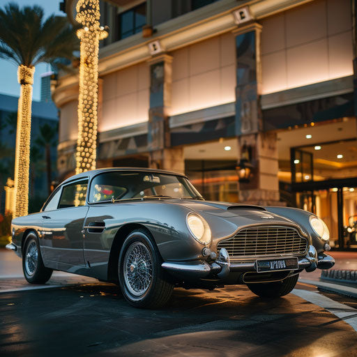 Luxury car with James Bond-inspired gadgets outside a casino