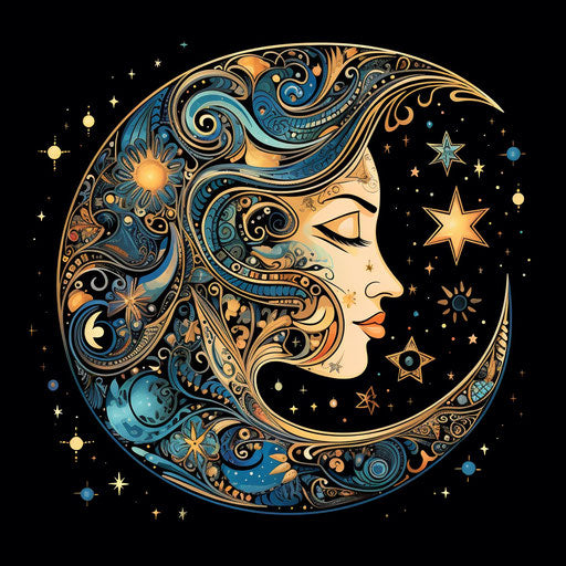 Crescent with beautiful tattoo on moon and stars