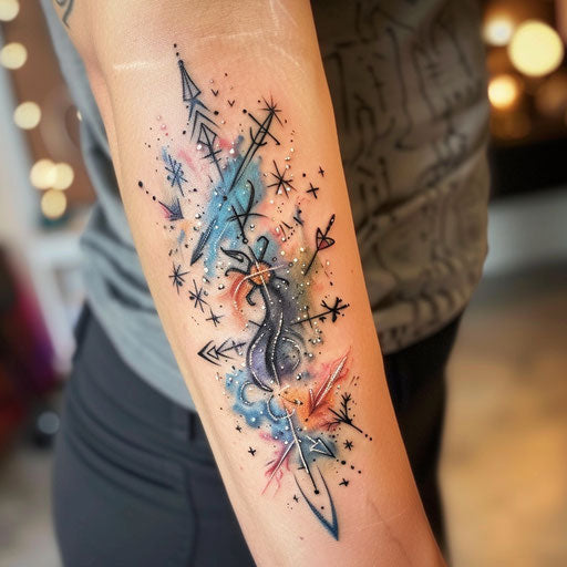 Nordic mythology themed galaxy tattoo, featuring runes and mythical creatures among stars on white background