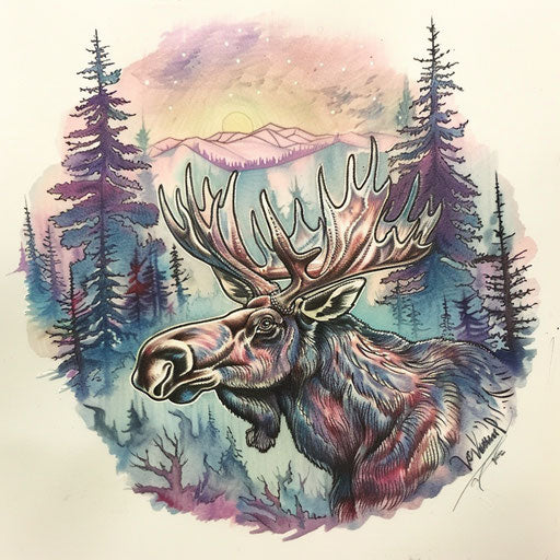 Peaceful flat tattoo sketch of a moose in tranquil forest with soft pastels