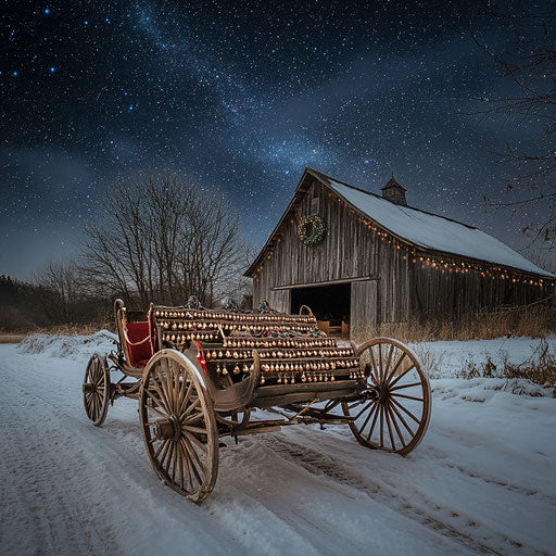 Vintage sleigh in front of old barn under starry winter sky