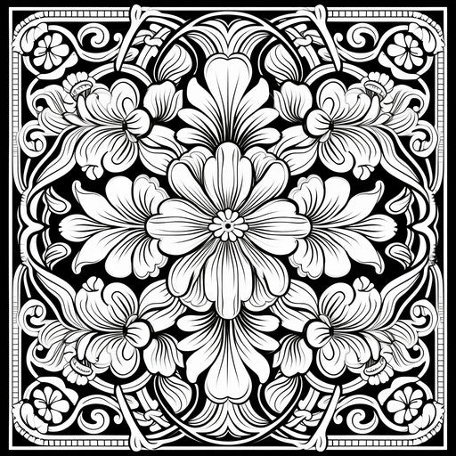 Black and white coloring page with ethnic design, victorian engravings style