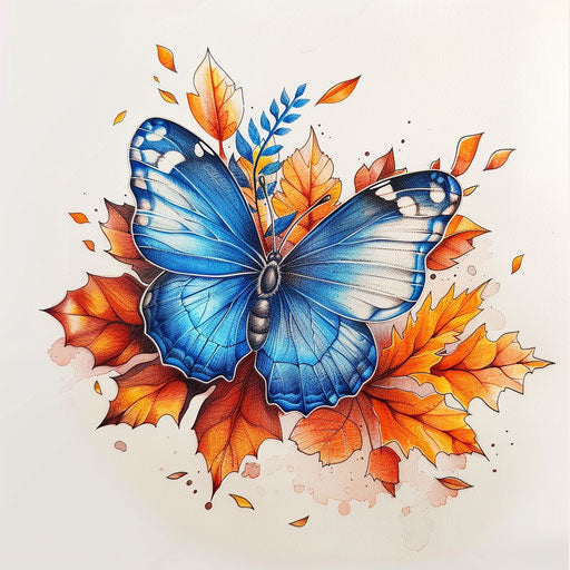 Seasonal flat tattoo sketch of a blue butterfly with autumn leaves and warm fall colors