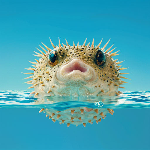 Puffer fish in the open ocean under a clear blue sky