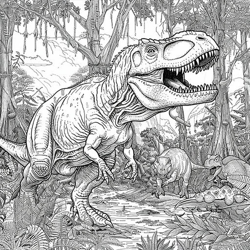 The mighty T-Rex in the prehistoric jungle with other dinosaurs