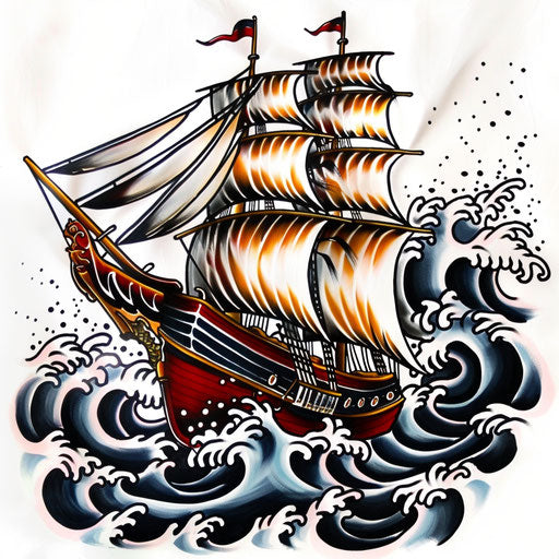 Old-school tattoo of sailing ship in bold colors on white
