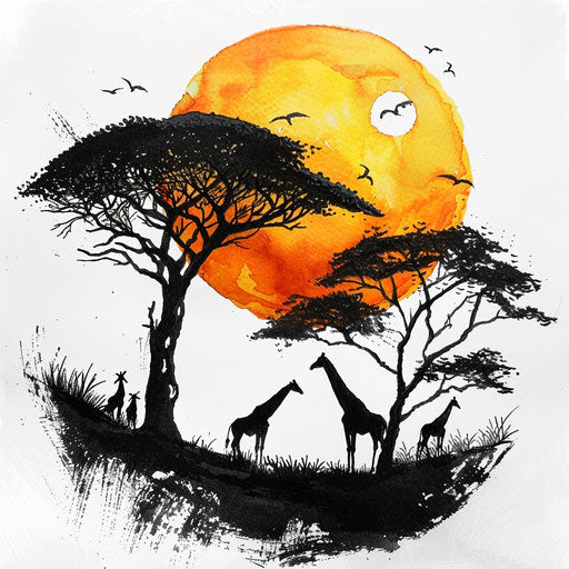 African sunset with giraffes and acacia trees tattoo