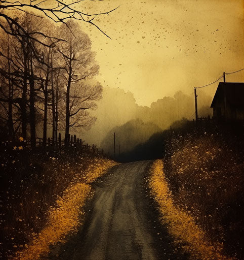 Yellow road in fall, vintage style, rustic scenes, beautiful