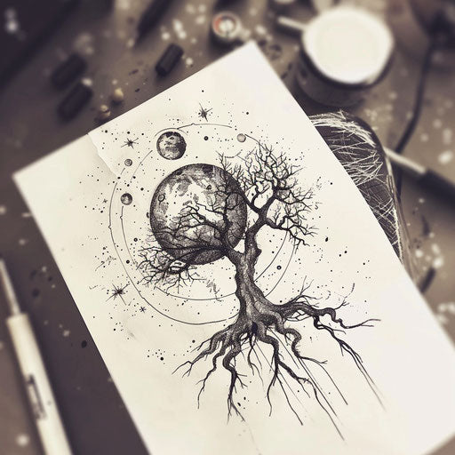Space-themed tree of life tattoo sketch