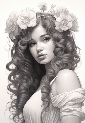 Lady with flowers in hair, black and white drawing