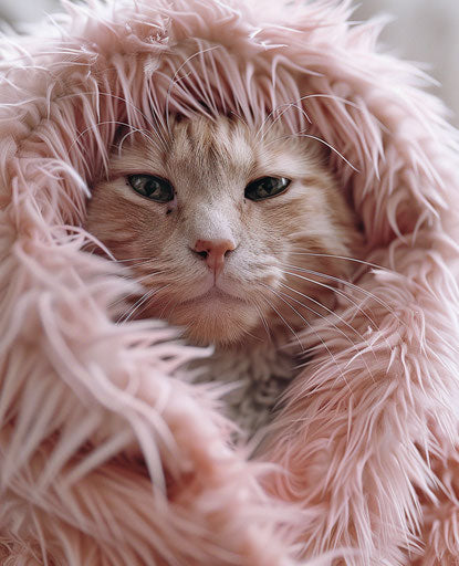 Orange cat with pink hood