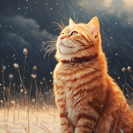 Orange cat in a field while it is snowing