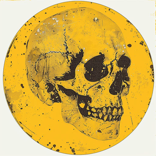 Yellow circle with yellow blob, skull motifs style