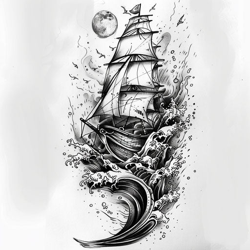 Bold and dark flat tattoo sketch with a stormy sea and a resilient boat