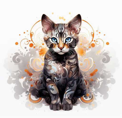 Cat on white background, dark silver and dark maroon style