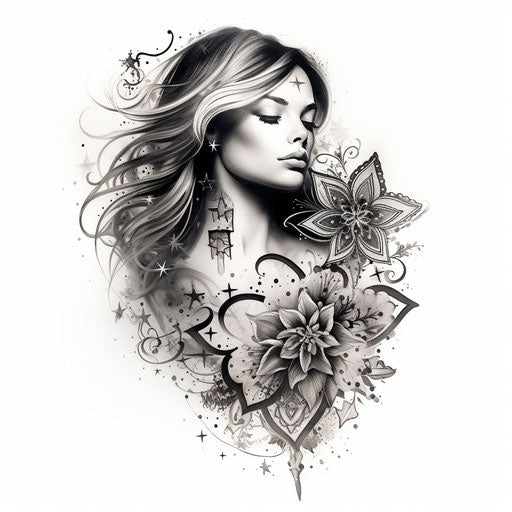 Tattoo stars lace flowers ink wash birds & flowers style