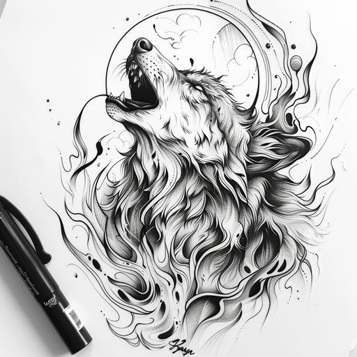 Sketch of a mystical wolf howling at the moon tattoo