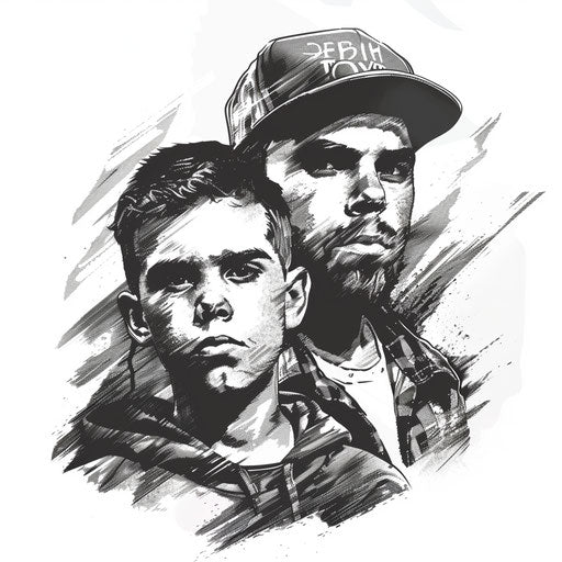 Realistic father and son portrait tattoo stencil on white background